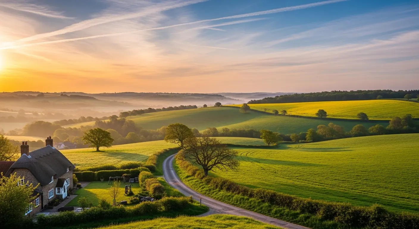 A quiet country lane near Lingwood surrounded by open fields